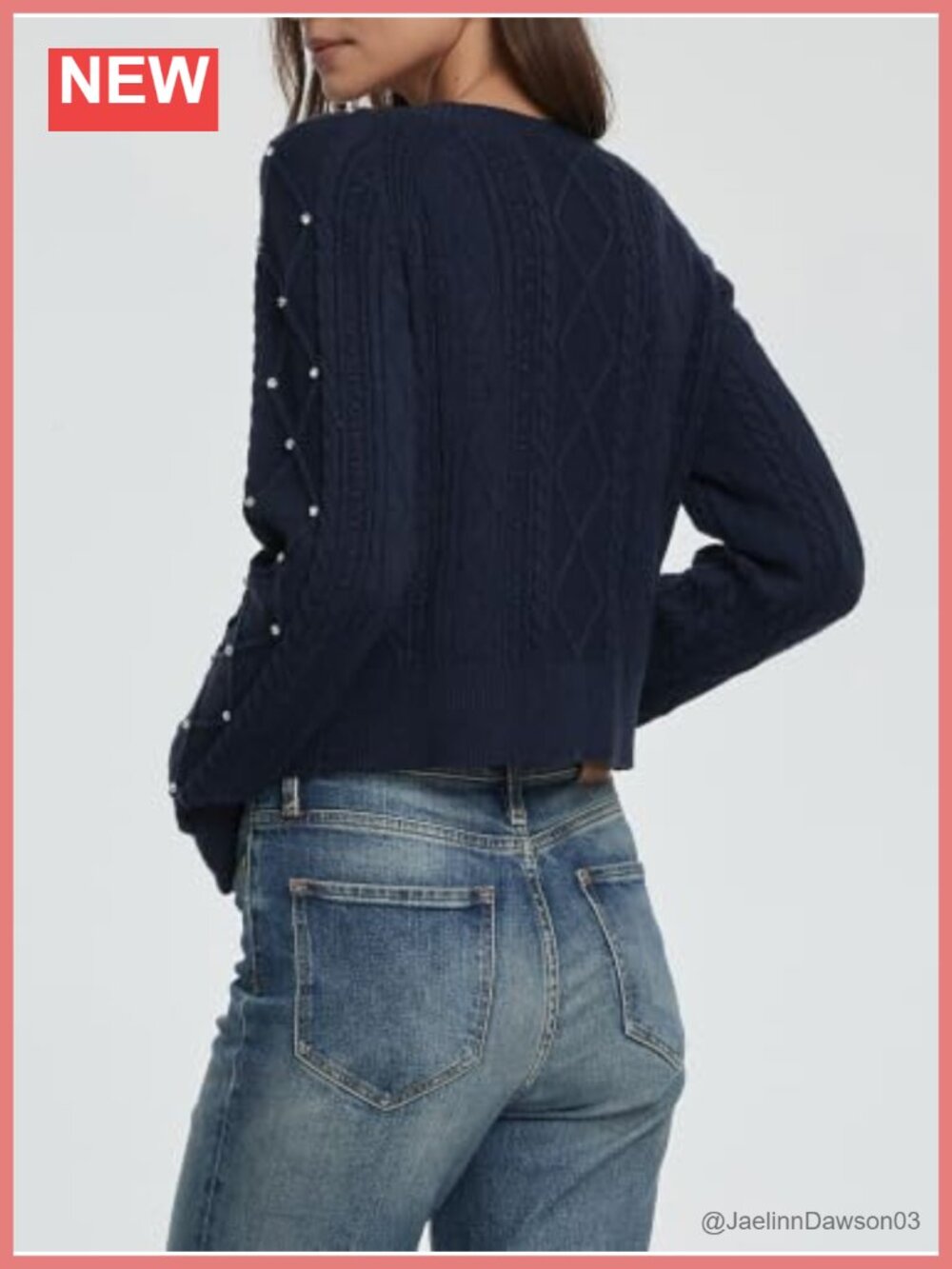 Cropped Cardigan Rhinestone Button Front Cable Knit Sweater - Picture 2 of 6